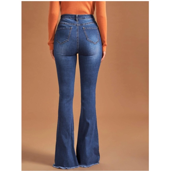 Blue Flared Jeans Denim High Waist Button Fly Bell Bottom - Picture 2 of 6